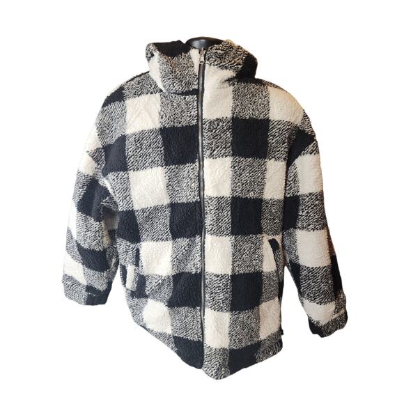 Buffalo Check Sherpa Fleece Jacket Large Black White Plaid Zip Hooded Coat Cozy - Picture 9 of 14